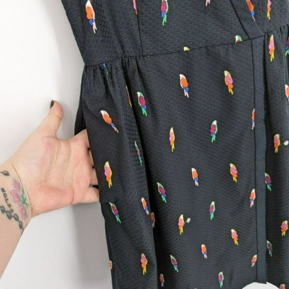 Kate Spade Flock Party Dress 0 Black Parrot Jacquard Fit N Flare Mock Wrap Mini - Picture 6 of 15